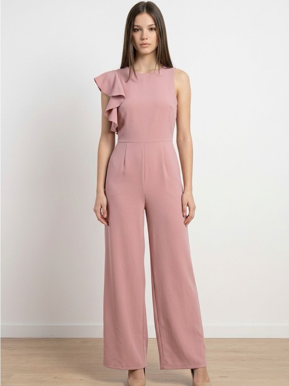 julia jordan One-Shoulder Ruffle Wide-Leg Jumpsuit - Dusty Rose